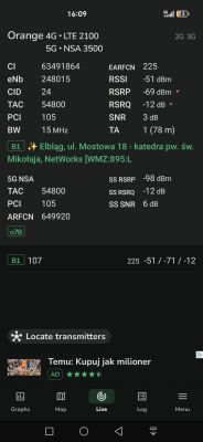 Zrzut ekranu z aplikacji diagnostycznej sieci pokazujący parametry sygnału Orange 5G NSA.