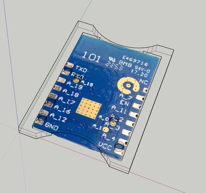 3D view of the WBR3 module in a transparent adapter with labeled signal pads.