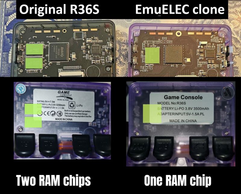 Comparison of internal boards and labels of original R36S and EmuELEC clone consoles