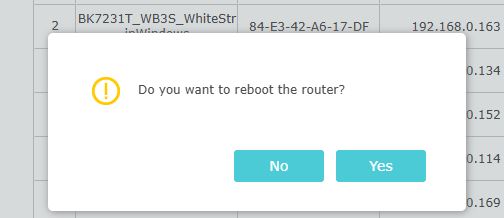 Pop-up window asking to reboot the router.