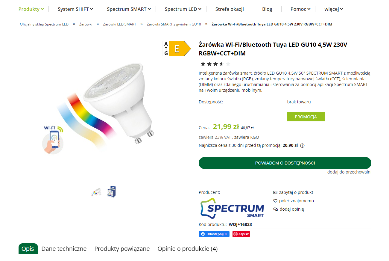 Uploading firmware to the 4.5W RGBW GU10 Spectrum SMART WOJ+16823 LED bulb  with BK7231N