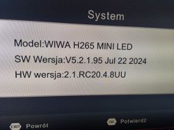 System menu of WIWA H265 MINI LED showing model and software version information.
