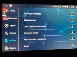 Ekran menu ustawień z opcjami takimi jak Wi-Fi, Urządzenie, Ogólne, Fabryka, Osobiste, System.