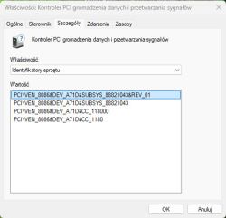 Okno właściwości sterownika z błędem dla kontrolera PCI w Menedżerze Urządzeń