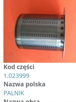 Metalowy element cylindryczny z perforacjami na pomarańczowym tle, kod części 1.023999, nazwa PALNIK.