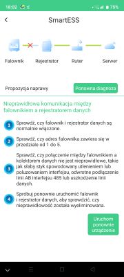 Aplikacja SmartESS z komunikatem o błędzie połączenia falownika z rejestratorem danych.
