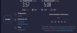 Wynik testu Speedtest: pobieranie 3.57 Mbps, wysyłanie 5.08 Mbps, ping 85 ms