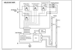 Wiring diagram of Velis EVO WiFi heater with relays and temperature sensors
