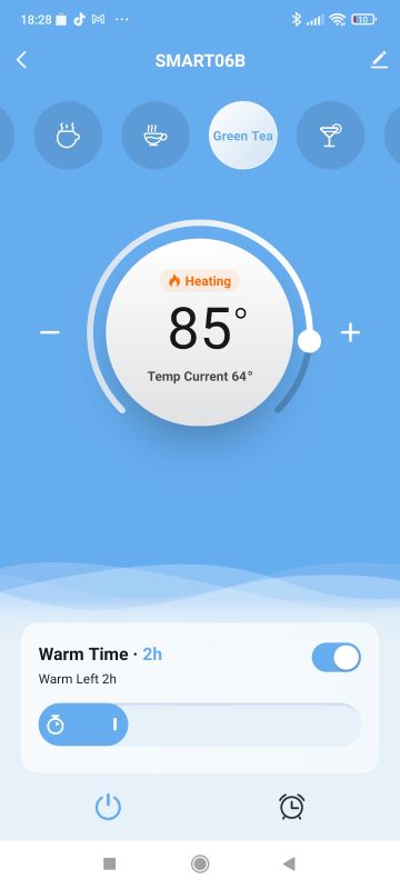 SMART06B app interface showing green tea mode and 85°C temperature setting