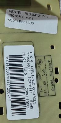 Labels on E.G.O. and Vestel circuit board Close-up of E.G.O. and Vestel PCB labels with barcodes and part numbers