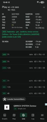 Zrzut ekranu aplikacji diagnostycznej z danymi 4G i 5G sieci Play
