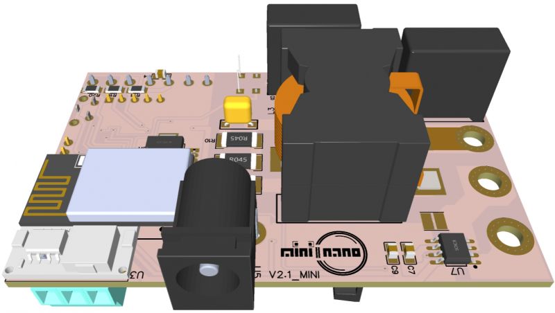 View of a miniaturized PCB design mini2nano_V2.1_MINI with electronic components.