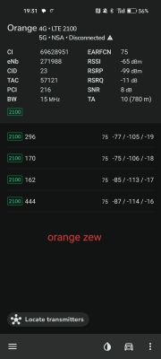 Ekran z aplikacji do pomiaru parametrów sieci LTE Orange z widocznymi wartościami sygnału i parametrami technicznymi.