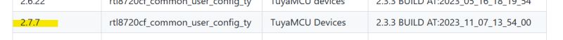 Version number 2.7.7 highlighted in yellow in a device config table.