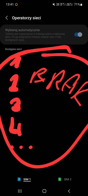 Ekran „Operatorzy sieci” na Samsungu; brak listy „Dostępne sieci”, czerwone bazgroły i „BRAK”.