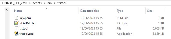 Screenshot of a folder with four files, including trstool.exe and key.pem