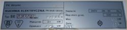 Tabliczka znamionowa „Kuchnia elektryczna” z danymi: typ SE 6270T i napięcie 380 V
