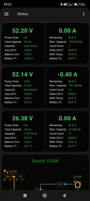 Zrzut ekranu z aplikacji monitorującej parametry baterii i systemu PV
