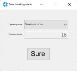User interface with operating mode and equipment quantity selection.