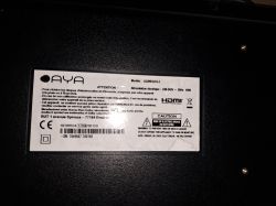Label with technical information of an AYA brand TV.