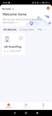 Smart home app interface showing UA-SmartPlug device in the Living room.
