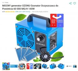 Niebieski generator ozonu o mocy 60 000 MG/H i 140W z pokrętłem na panelu, otoczony kilkoma filtrami.
