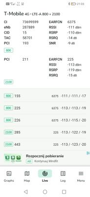 Zrzut ekranu z aplikacji pokazujący parametry sygnału LTE dla sieci T-Mobile