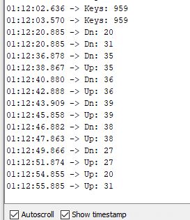 Key log data from Arduino serial monitor showing CD1628 button presses/releases
