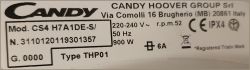 Tabliczka znamionowa suszarki Candy Hoover z danymi technicznymi.