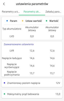 Ustawienia regulatora MPPT z parametrami dla akumulatora żelowego