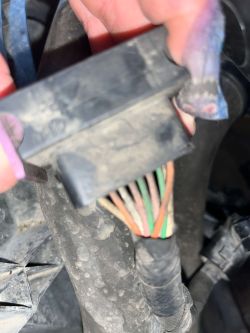 Zbliżenie na złącze elektryczne z widocznymi kolorowymi przewodami w Renault Master