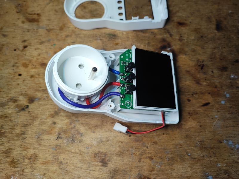 Interior of S1TW-FR Energy Meter Interior of an open S1TW-FR energy meter showing the circuit board and wiring.