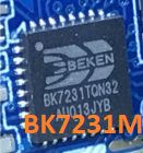 Beken BK7231M Chip auf der Leiterplatte Nahaufnahme des Beken BK7231M Chips auf einer blauen Leiterplatte.