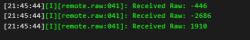 Console log screenshot showing three “remote.raw” lines with Raw values -446, -2686, and 1910.