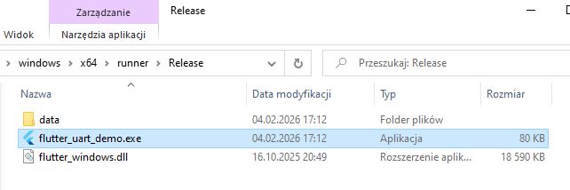 Windows File Explorer showing flutter_uart_demo.exe selected in the Release folder
