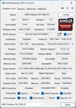Specyfikacja karty graficznej AMD Radeon RX 7900 XT w GPU-Z