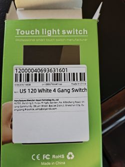 Touch switch box with an informational label.
