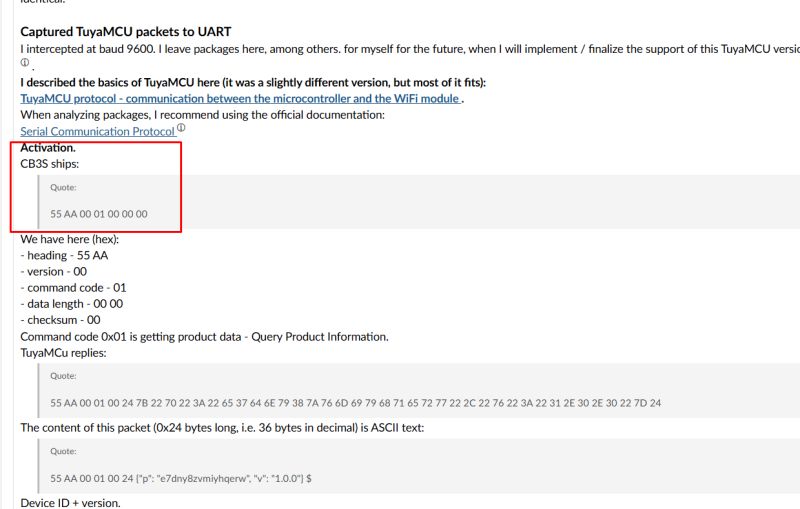 Screenshot of forum showing TuyaMCU packet analysis and hexadecimal command example.