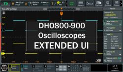 Ekran oscyloskopu Rigol DHO800-900 z rozszerzonym UI w trybie pełnoekranowym.