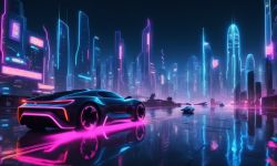 Neon-lit Futuristic City at Night Futuristic city at night with neon lights reflecting on wet streets and flying cars.