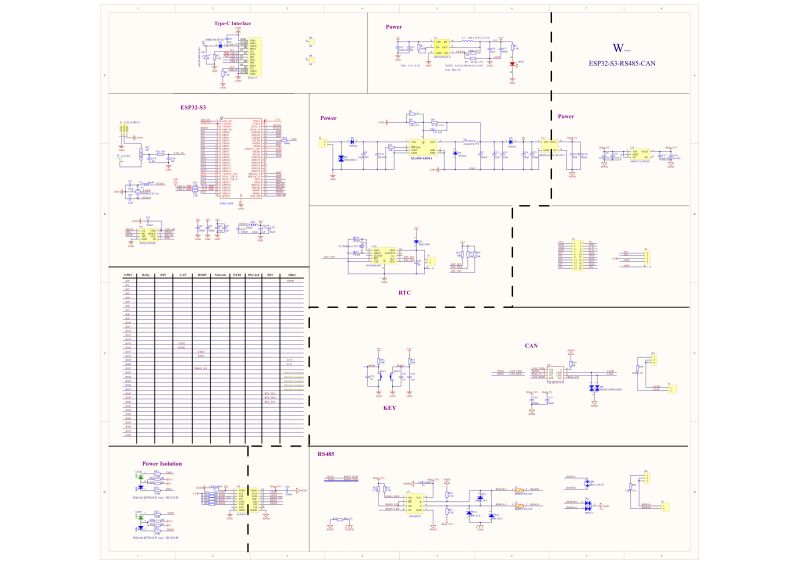 Electrical schematic of Waveshare ESP32-S3-RS485-CAN with power, RTC, CAN, and RS485 sections