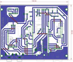 PCB layout with ESP32, PAM8406 amp, speaker connectors, OLED, encoder, USB, and SD area