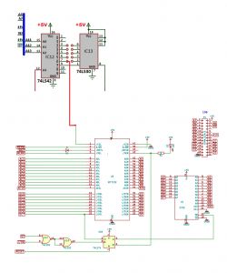 Schemat elektroniczny z układami logicznymi 74LS42, 74LS30 oraz pamięcią IDT7132 i 2732, pokazujący połączenia adresów, danych i zasilania.