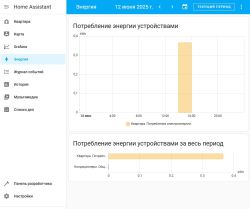 Screenshot of the Home Assistant dashboard showing energy consumption charts for an apartment.