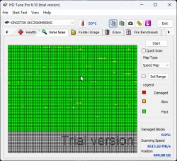 Wynik pełnego skanowania błędów dysku SSD Kingston SKC2500M8500G w programie HD Tune Pro 6.10, większość bloków oznaczona na zielono jako szybkie.
