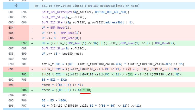 Screenshot of a C code diff: UP calculation changed and temp assignment multiplied by 10.