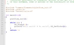 A fragment of C code that prints Hello world! in a loop.