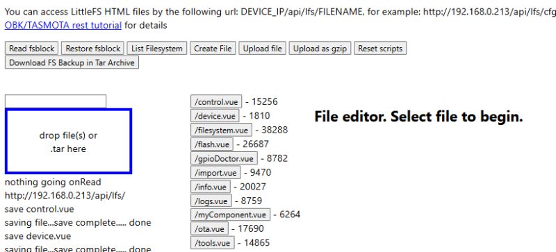 Web Interface Compressing Files for LittleFS Web application window with a compression button and a list of files ready for upload to LittleFS.