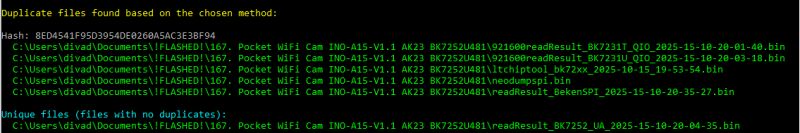 Terminal window showing list of duplicate and unique binary files by hash