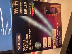 Wi-Fi RGB LED strip packaging with 150 LEDs, app control, and voice assistant support